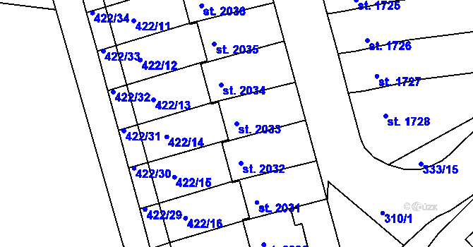 Parcela st. 2033 v KÚ Pacov, Katastrální mapa