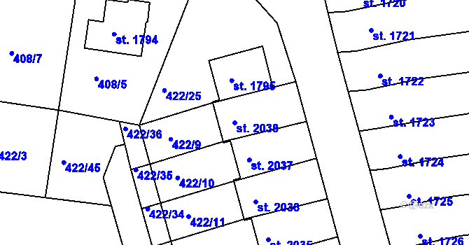 Parcela st. 2038 v KÚ Pacov, Katastrální mapa