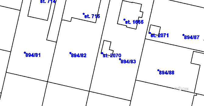 Parcela st. 2070 v KÚ Pacov, Katastrální mapa