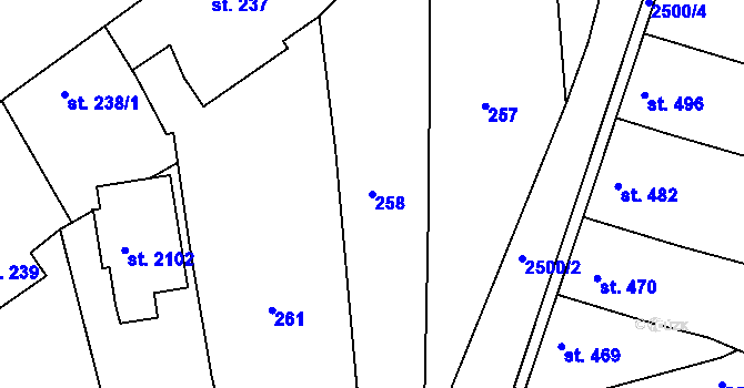 Parcela st. 258 v KÚ Pacov, Katastrální mapa
