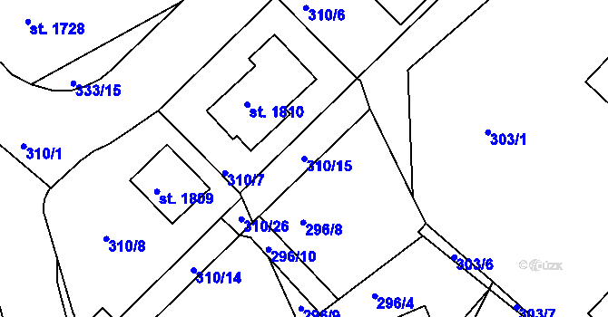 Parcela st. 310/15 v KÚ Pacov, Katastrální mapa