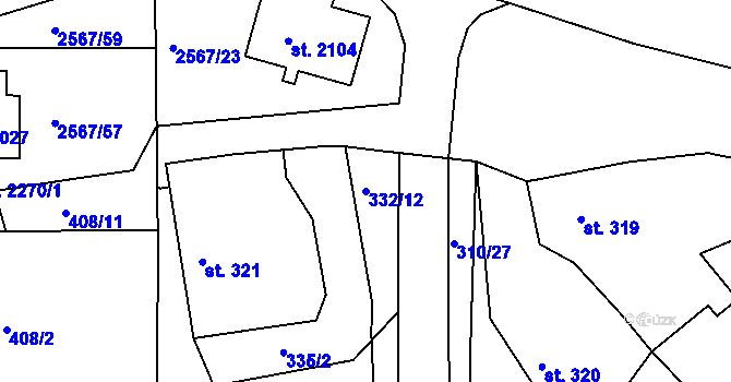 Parcela st. 332/12 v KÚ Pacov, Katastrální mapa