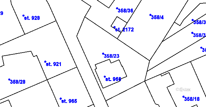 Parcela st. 358/23 v KÚ Pacov, Katastrální mapa