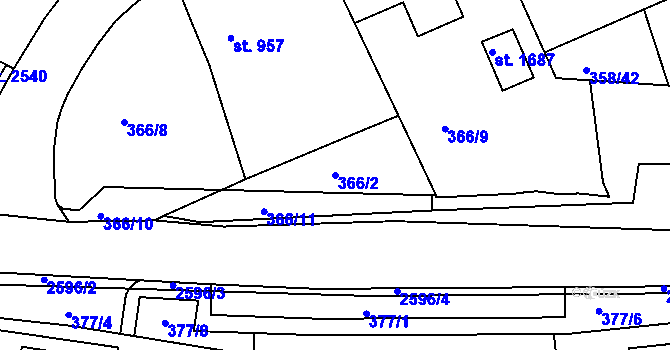 Parcela st. 366/2 v KÚ Pacov, Katastrální mapa