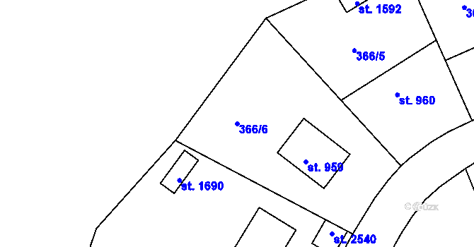 Parcela st. 366/6 v KÚ Pacov, Katastrální mapa