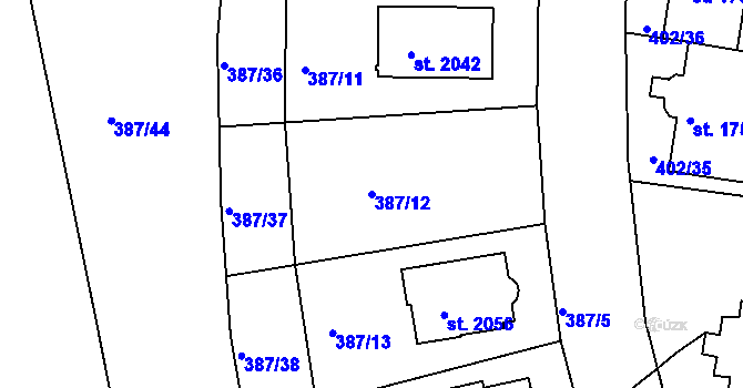 Parcela st. 387/12 v KÚ Pacov, Katastrální mapa