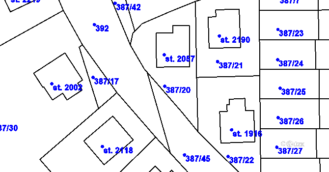 Parcela st. 387/20 v KÚ Pacov, Katastrální mapa