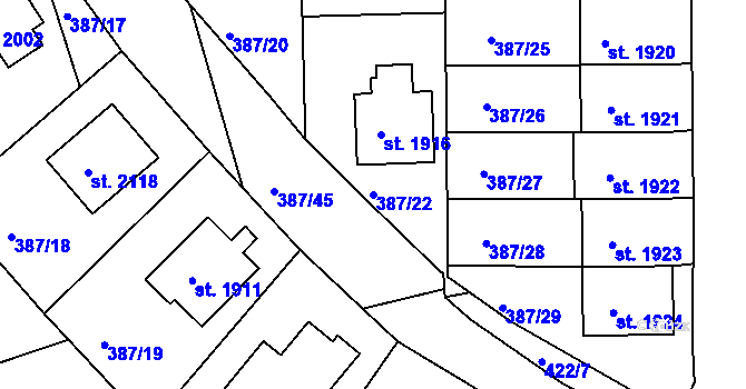 Parcela st. 387/22 v KÚ Pacov, Katastrální mapa