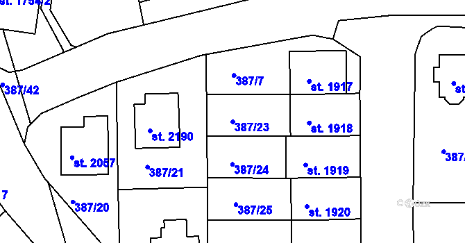 Parcela st. 387/23 v KÚ Pacov, Katastrální mapa