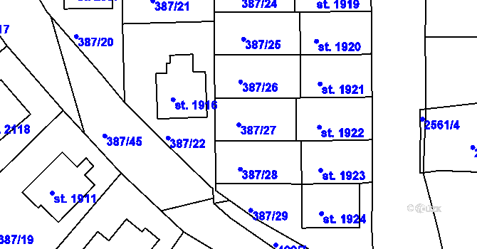 Parcela st. 387/27 v KÚ Pacov, Katastrální mapa