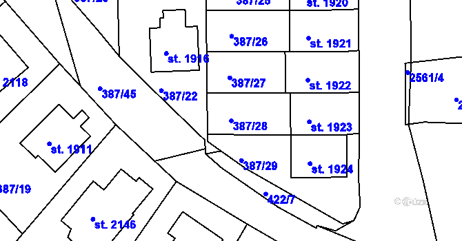 Parcela st. 387/28 v KÚ Pacov, Katastrální mapa