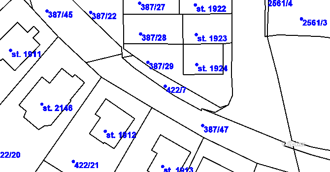 Parcela st. 422/7 v KÚ Pacov, Katastrální mapa