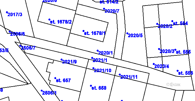 Parcela st. 2020/1 v KÚ Pacov, Katastrální mapa