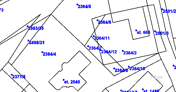 Parcela st. 2364/7 v KÚ Pacov, Katastrální mapa