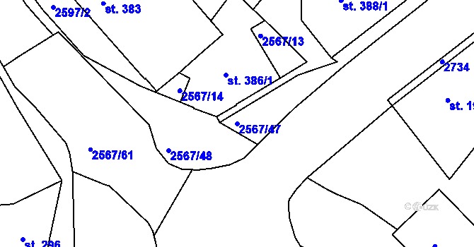 Parcela st. 2567/47 v KÚ Pacov, Katastrální mapa