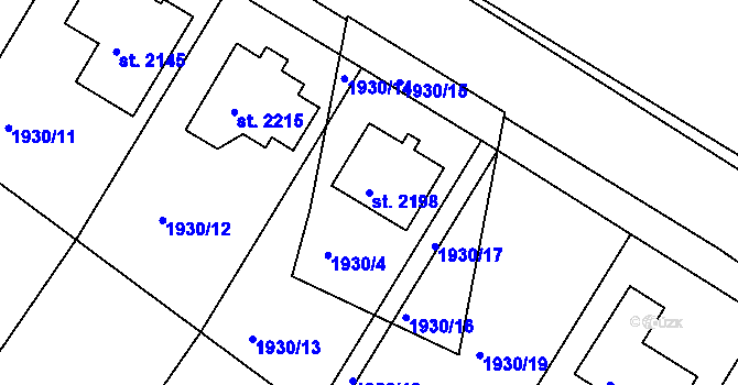 Parcela st. 2198 v KÚ Pacov, Katastrální mapa