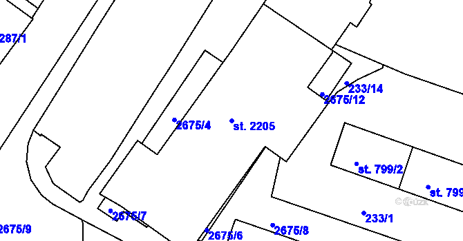 Parcela st. 2205 v KÚ Pacov, Katastrální mapa