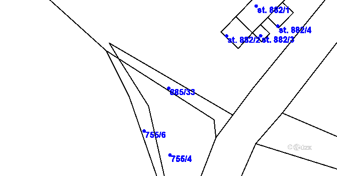 Parcela st. 885/33 v KÚ Pacov, Katastrální mapa