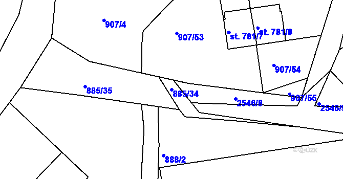 Parcela st. 885/34 v KÚ Pacov, Katastrální mapa