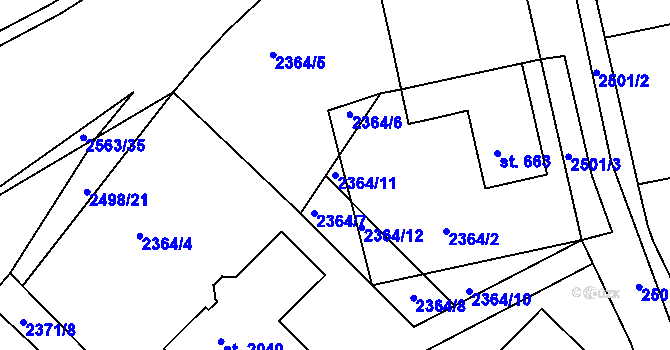 Parcela st. 2364/11 v KÚ Pacov, Katastrální mapa