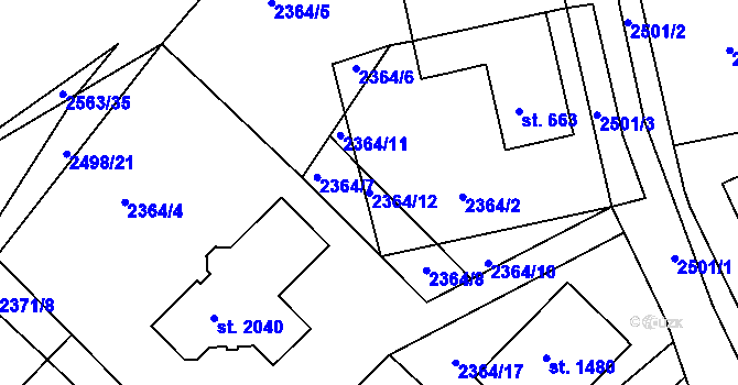 Parcela st. 2364/12 v KÚ Pacov, Katastrální mapa