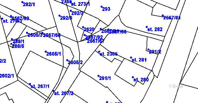 Parcela st. 2305 v KÚ Pacov, Katastrální mapa