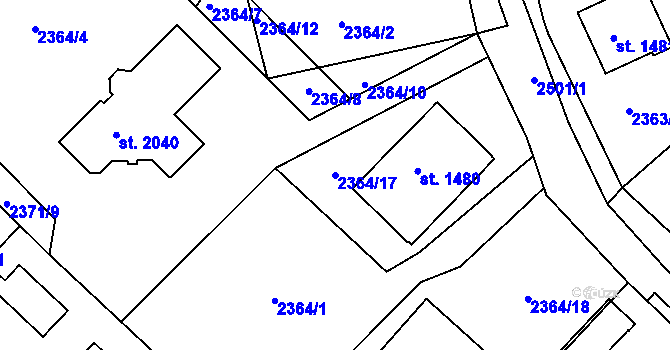 Parcela st. 2364/17 v KÚ Pacov, Katastrální mapa