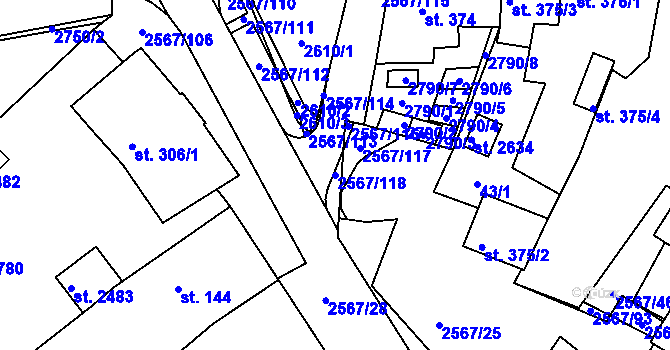 Parcela st. 2567/118 v KÚ Pacov, Katastrální mapa