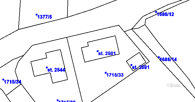 Parcela st. 2501 v KÚ Pacov, Katastrální mapa