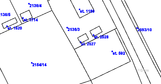 Parcela st. 2527 v KÚ Pacov, Katastrální mapa