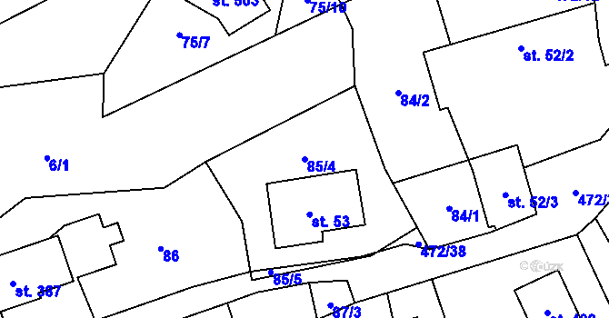 Parcela st. 85/4 v KÚ Panenské Břežany, Katastrální mapa