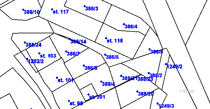 Parcela st. 386/5 v KÚ Panoší Újezd, Katastrální mapa