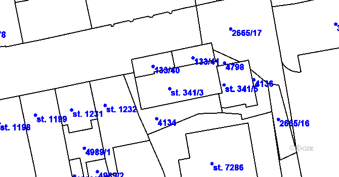 Parcela st. 341/3 v KÚ Pardubice, Katastrální mapa