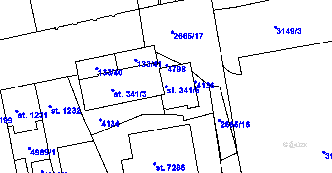 Parcela st. 341/5 v KÚ Pardubice, Katastrální mapa