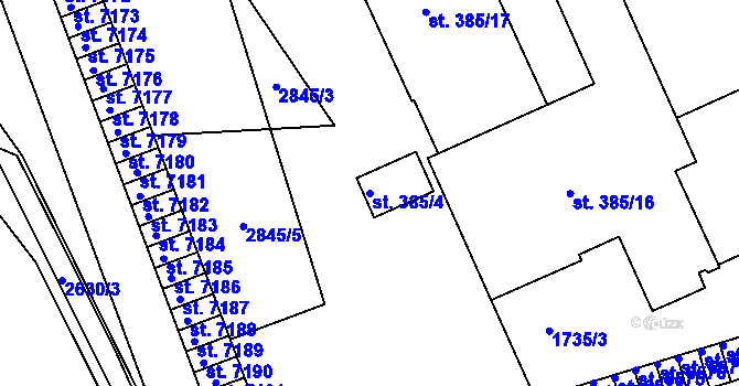 Parcela st. 385/4 v KÚ Pardubice, Katastrální mapa