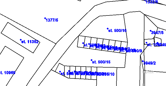 Parcela st. 500/2 v KÚ Pardubice, Katastrální mapa