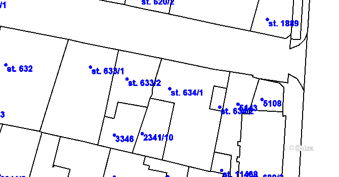 Parcela st. 634/1 v KÚ Pardubice, Katastrální mapa