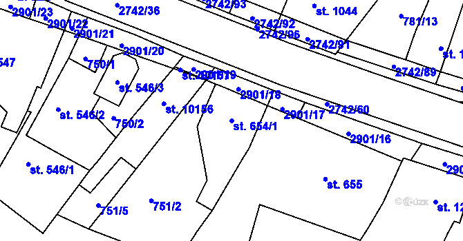 Parcela st. 654/1 v KÚ Pardubice, Katastrální mapa