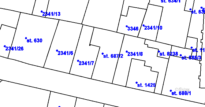 Parcela st. 687/2 v KÚ Pardubice, Katastrální mapa