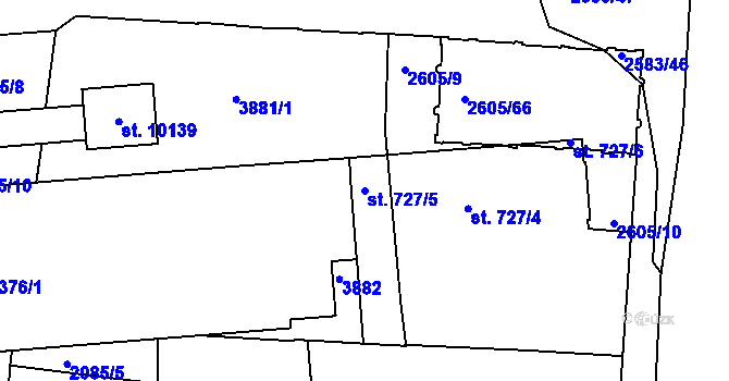 Parcela st. 727/5 v KÚ Pardubice, Katastrální mapa