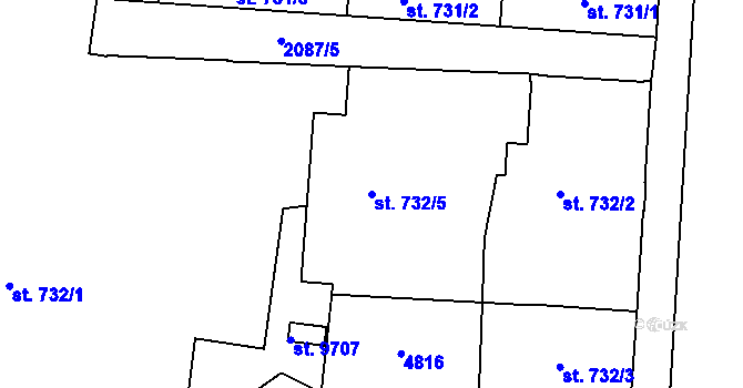 Parcela st. 732/5 v KÚ Pardubice, Katastrální mapa