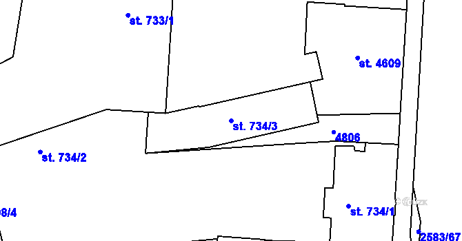 Parcela st. 734/3 v KÚ Pardubice, Katastrální mapa
