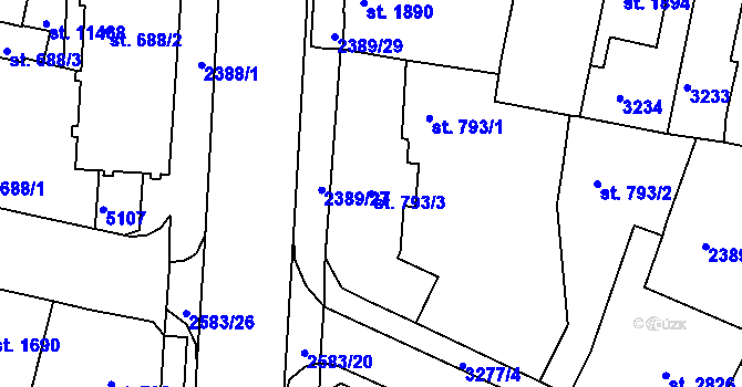 Parcela st. 793/3 v KÚ Pardubice, Katastrální mapa