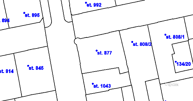 Parcela st. 877 v KÚ Pardubice, Katastrální mapa