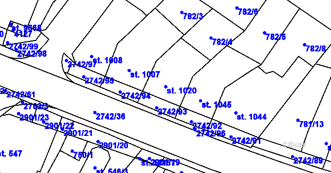 Parcela st. 1020 v KÚ Pardubice, Katastrální mapa