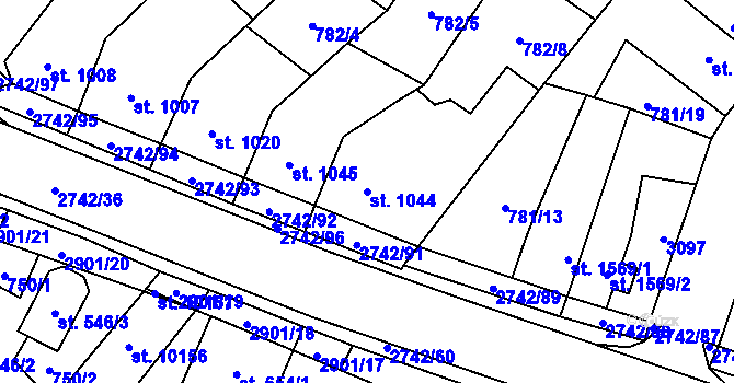 Parcela st. 1044 v KÚ Pardubice, Katastrální mapa