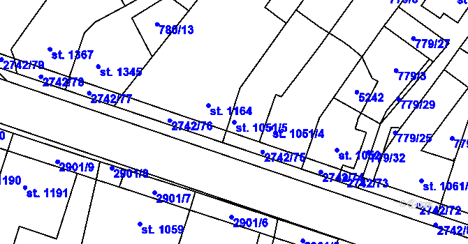 Parcela st. 1051/5 v KÚ Pardubice, Katastrální mapa
