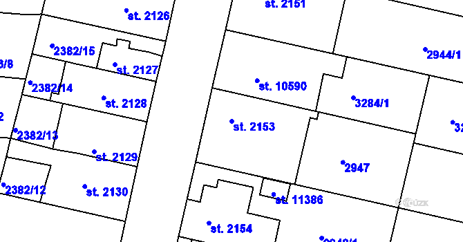 Parcela st. 2153 v KÚ Pardubice, Katastrální mapa