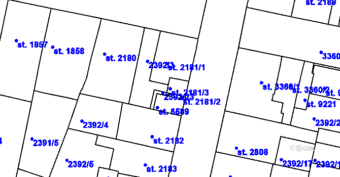 Parcela st. 2181/3 v KÚ Pardubice, Katastrální mapa