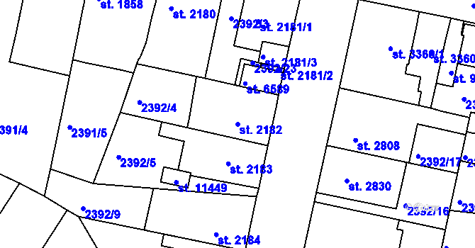 Parcela st. 2182 v KÚ Pardubice, Katastrální mapa